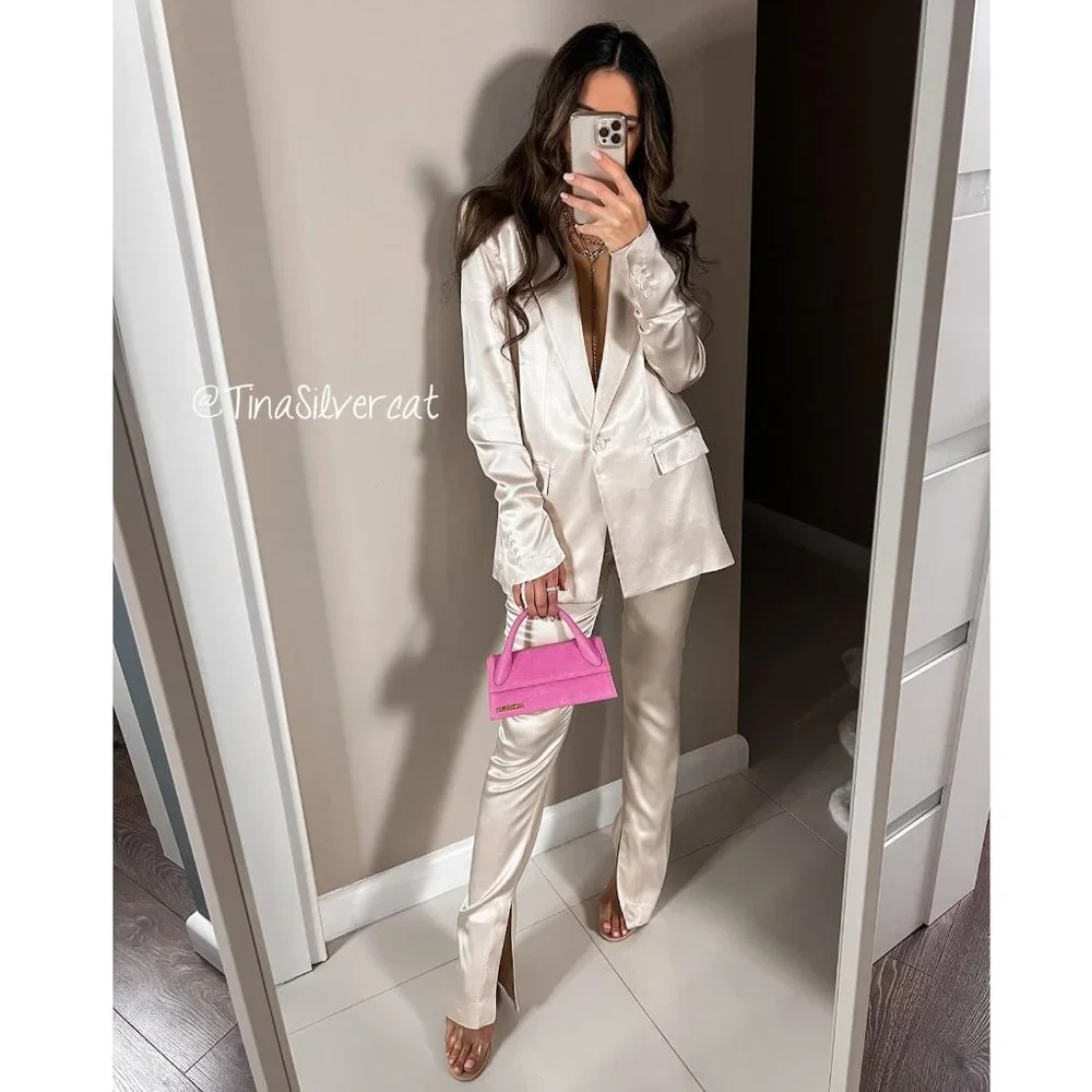BLOGGER'S FAVE! Zara Suit Set Satin Ruched Blazer And Pants Ivory NWT